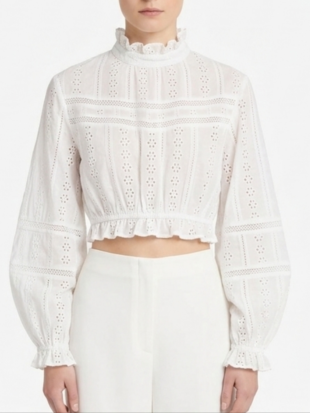 Lost In Lunar White Eyelet Ruffle Mock-Neck Blouse